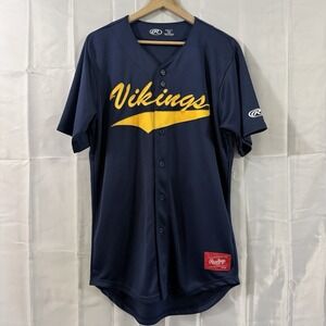 Vikings Rawlings Navy Blue Gold Baseball Jersey #14 Button Up Mens M